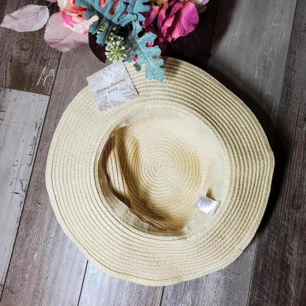 NWT Tommy Bahama Kids Girls Straw Hat with Blue & Pink Metallic Bow